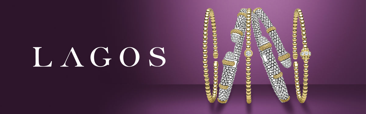 5 Lagos Caviar silver and gold bracelets on a purple background with the text LAGOS