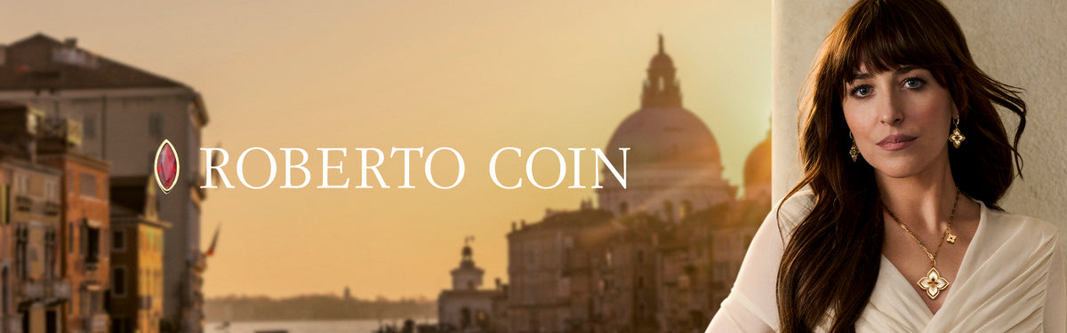 Roberto Coin banner with a scenic Italian cityscape and Dakota Johnson wearing Roberto Coin jewelry.