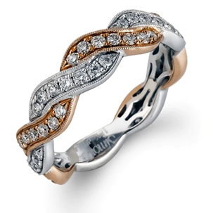 White and rose gold twist-style anniversary band with round diamonds