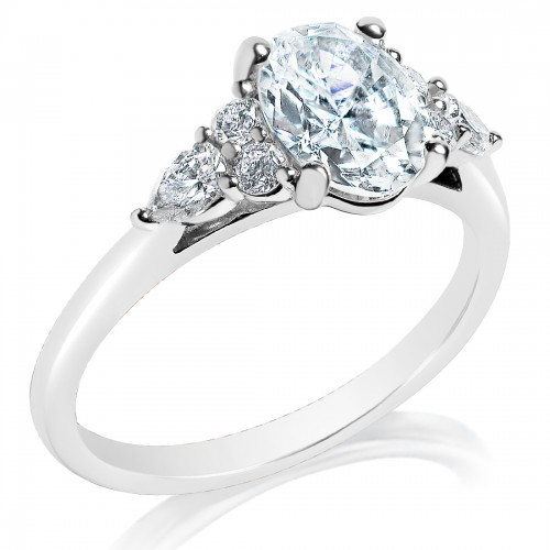 14k White Gold Diamond Semi Mount ring with Pear and Round Side Diamonds