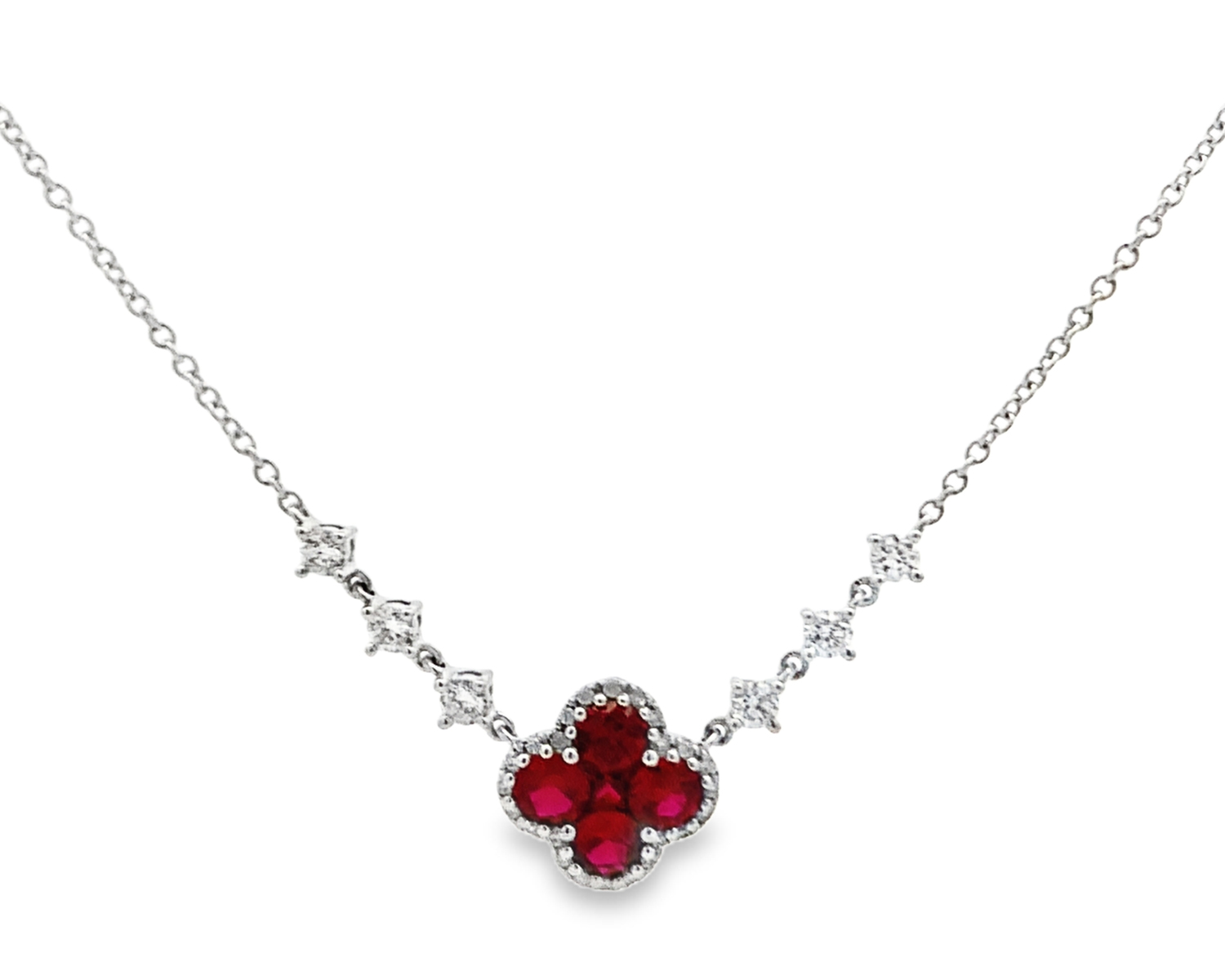18K White Gold Ruby and Diamond Station Flower Necklace