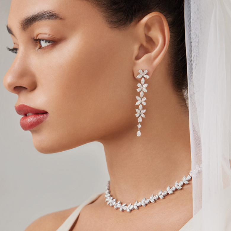 Norman Silverman Floral Diamond Drop Earring and Necklace Set