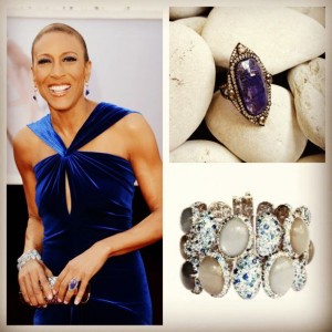 Robin Roberts at the Oscars with a close up of the ring and bracelet she wore