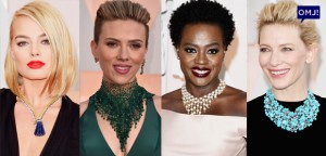 Various celebrities at the Oscars wearing statement necklaces