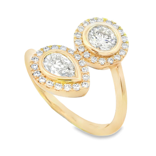 14K Yellow Gold 2-Stone Diamond Halo Bypass Ring