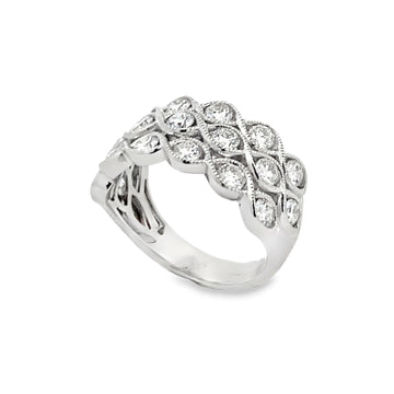 18K White Gold 3-Row Diamond Fashion Ladies Ring with Milgrain Detail