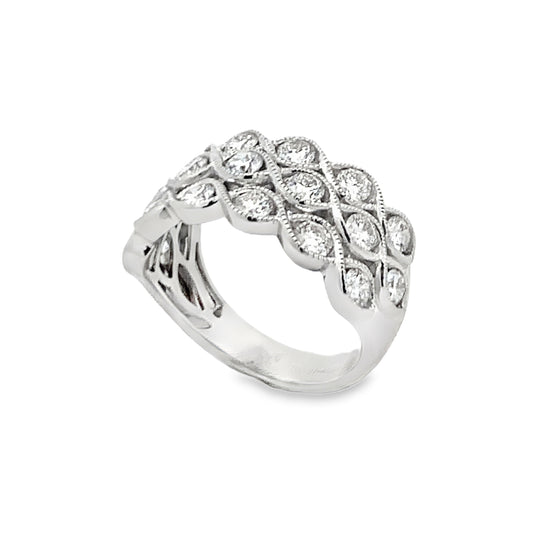 18K White Gold 3-Row Diamond Fashion Ladies Ring with Milgrain Detail