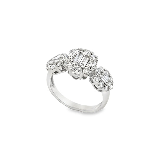 18K White Gold 3 Diamond Clusters Ladies Fashion Ring