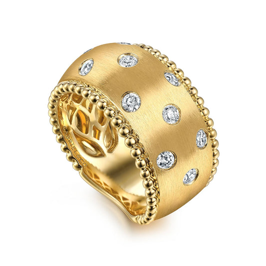 Gabriel & Co.14K Yellow Gold Bujukan Satin & Diamond Wide Band