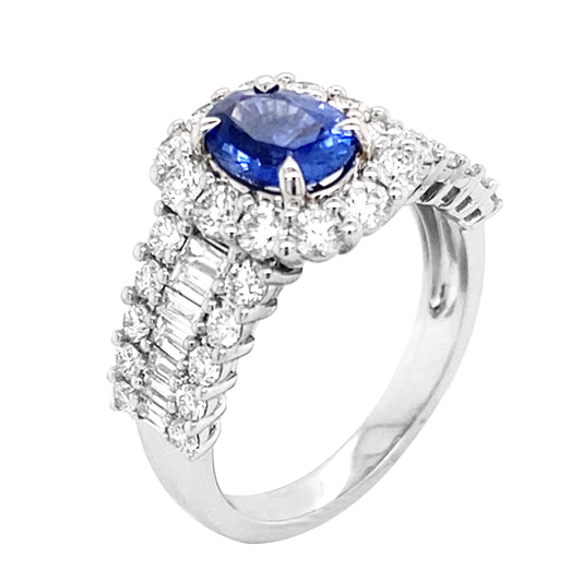 18K White Gold Oval Sapphire and Diamond Halo and Shank Ring