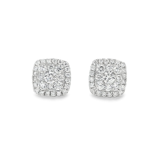 14K White Gold Square Diamond Cluster Studs