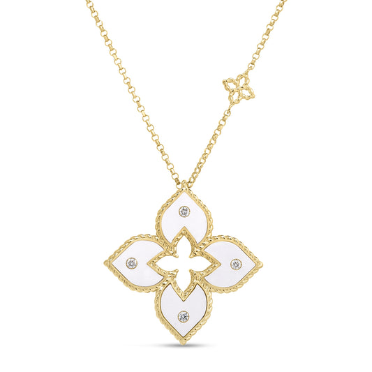 Roberto Coin 18K "Venetian Princess" 25mm Diamond and White Enamel Large Flower Necklace