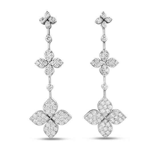 Roberto Coin 18K White Gold Love in Verona Pave Diamond Triple Flower Dangle Earrings