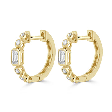 14K Yellow Gold Round and Emerald Diamond Huggies