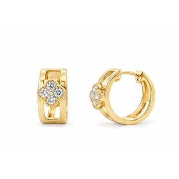14K Yellow Gold Diamond Clover Accent Wide Huggies