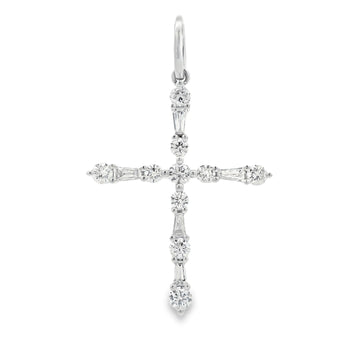 18K White Gold Alternating Baguette & Round Diamond Thin Cross