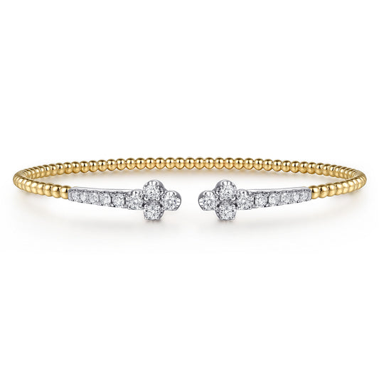 Gabriel & Co. 14K Yellow and White Gold Bujukan and Diamond Clover Open Bangle