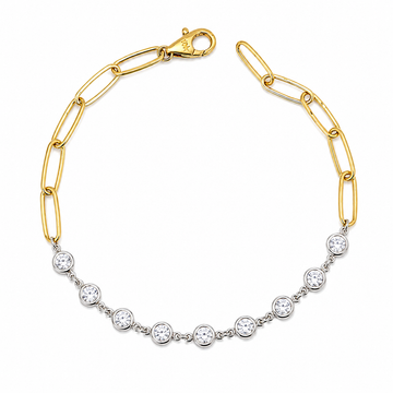14K two-Tone Bezel-Set Diamonds and Paperclip Link Bracelet