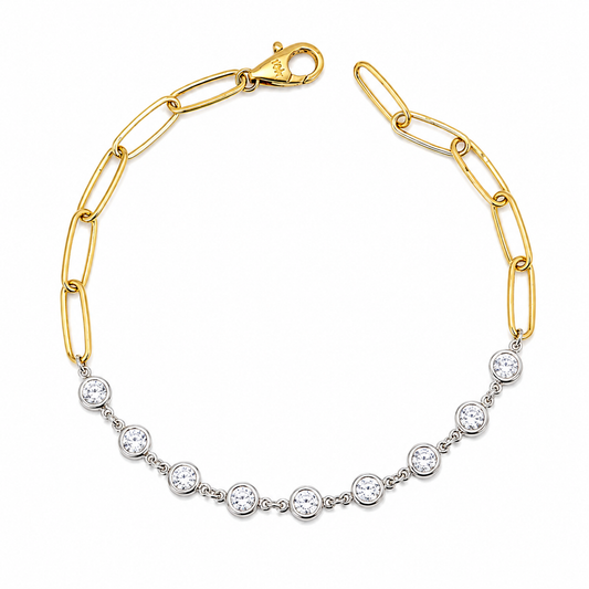 14K two-Tone Bezel-Set Diamonds and Paperclip Link Bracelet
