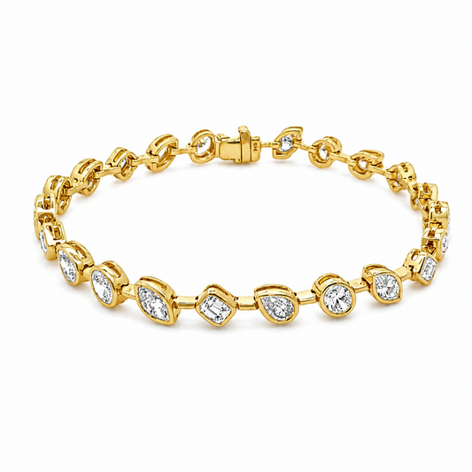 18K Yellow Gold Bezel-Set Various Shapes Diamond Tennis Bracelet