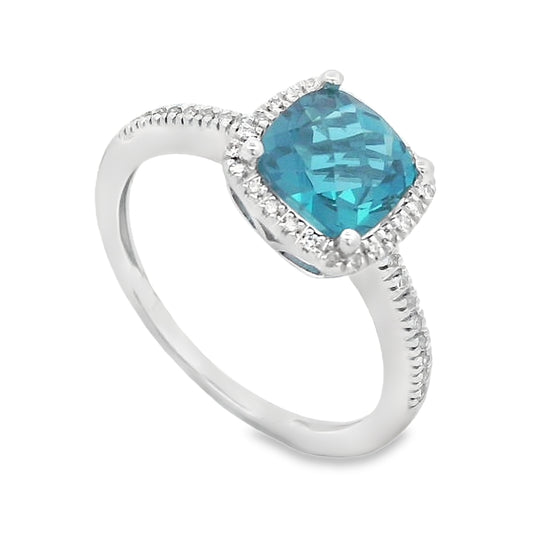 14K White Gold London Blue Topaz & Diamond Halo Ring
