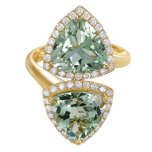 14K Yellow Gold Toi et Moi Mint Green Quartz Bypass Ring