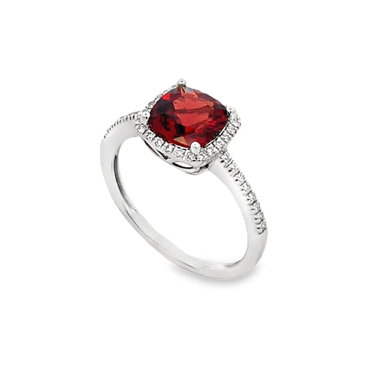 14K White Gold Garnet and Diamond Halo Ring
