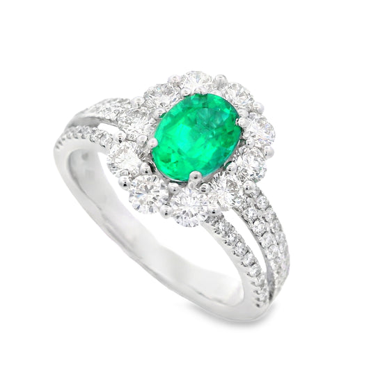 18K White Gold Emerald and Diamond Halo Ring