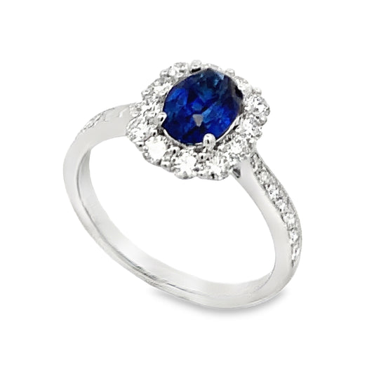 18K White Gold Oval Blue Sapphire and Diamond Halo and Shank Ring