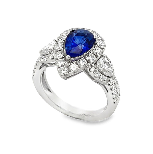 18K White Gold Pear Sapphire with Diamond Halo and 2 Pear Side Diamonds and Diamond Shank Ring