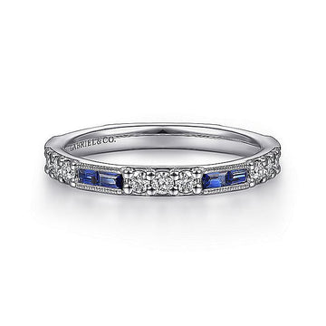 Gabriel & Co. 14K White Gold Anniversary Band with 8 Baguette Sapphires 0.39 Tcw & 15 Round Diamonds 0.38 Tcw H-I SI2