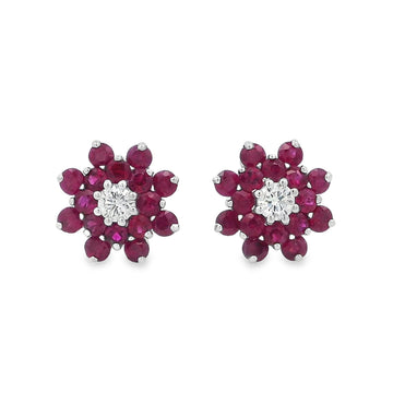 18K White Gold Ruby & Diamond Flower Studs