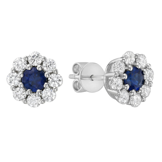 14K White Gold Blue Sapphire and Diamond Cluster Studs