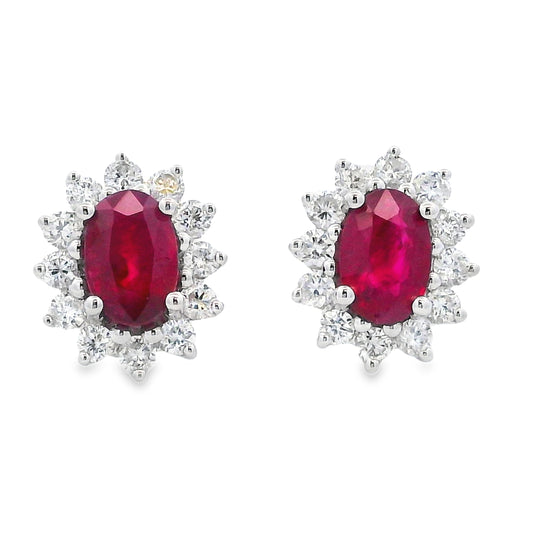 14K White Gold Oval Ruby & Diamond Burst Halo Studs