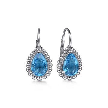 Gabriel & Co. Sterling Silver Swiss Blue Topaz Bujukan Pear Shape Leverback Earrings With Bead Pattern