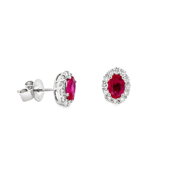 18K White Gold Oval Ruby with Diamond Halo Stud Earrings