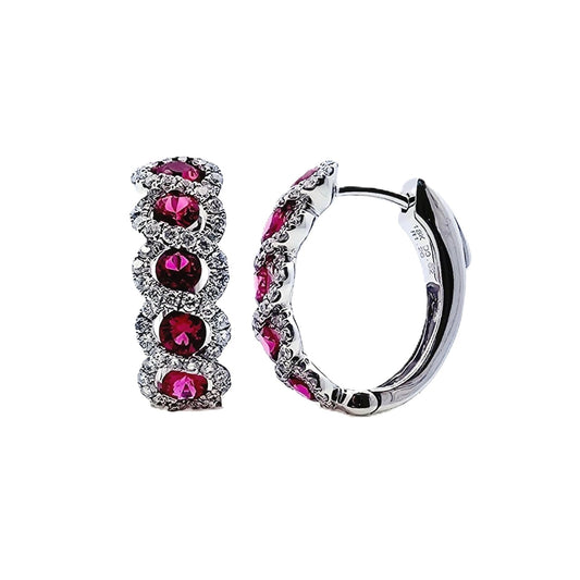 18K White Gold Ruby and Diamond Hoop Earrings