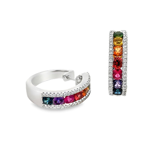18K White Gold Rainbow Sapphire and Diamond Hoop Earrings