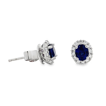 18K White Gold Oval Sapphire and Diamond Halo Stud Earrings