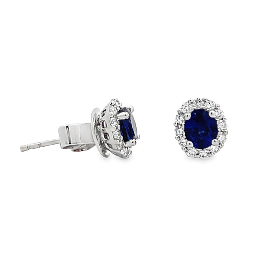 18K White Gold Oval Sapphire and Diamond Halo Stud Earrings