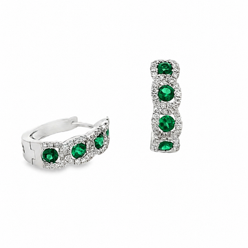 18K White Gold Diamond Links with Emerald Center Hoop Earrings