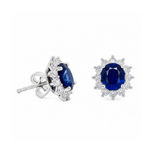 18K White Gold Oval Sapphire and Diamond Halo Stud Earrings