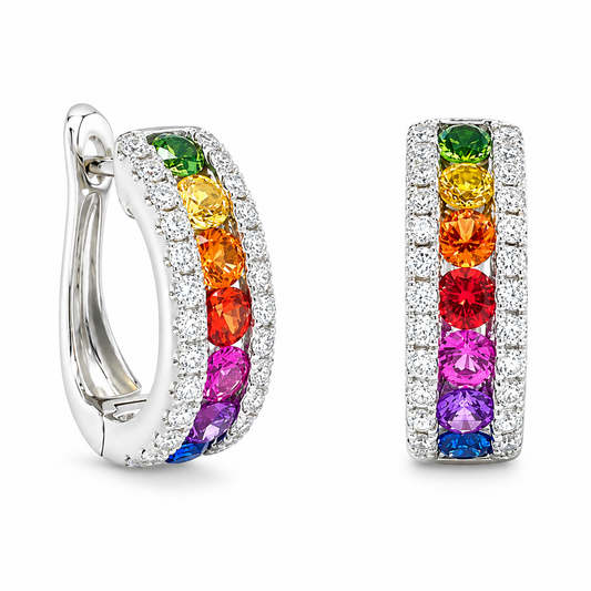 18K White Gold Rainbow Sapphire and Diamond Hoop Earrings