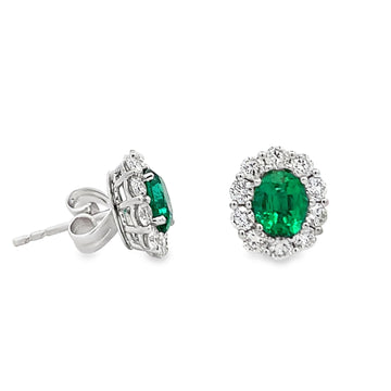 18K White Gold Oval Emerald and Diamond Halo Stud Earrings