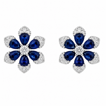 14K White Gold Sapphire and Diamond Flower Stud Earrings with Lever Closure