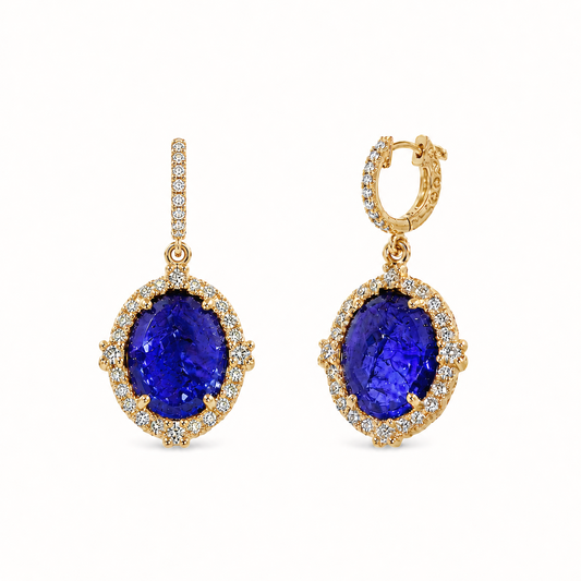 Rudolf Friedmann 14K Yellow Gold Oval Tanzanite and Diamond Halo Dangling Earrings