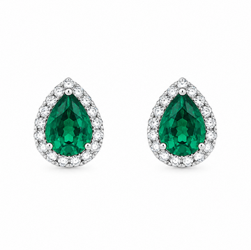 14K White Gold Tear-Shaped Emerald and Diamond Halo Stud Earrings