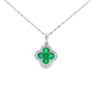 14K White Gold Emerald & Diamond Clover Pendant
