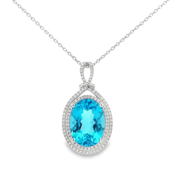 14K White Gold Blue Topaz & Diamond Double Halo Pendant
