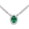 18K White Gold Oval Emerald and Diamond Halo Double Strand Cable Chain Necklace